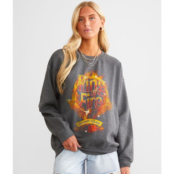 Johnny Cash Tops - Johnny Cash Ring of Fire Band Black Vintage Wash Pullover Crewneck Sweatshirt